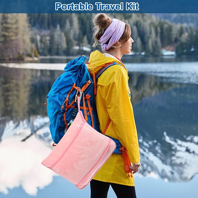 Travel Blanket and Pillow Set - Travel Neck Pillow & Blanket for Airplane, Thick Fleece Blankets Campact with Bag, Memory Foam Neck Pillows, Sleep Mask, Earplugs for Plane Traveling Essentials, Pink