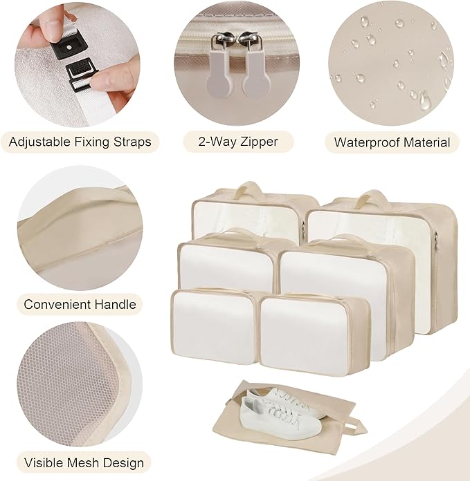 Packing Cubes, 7 Pcs Travel Packing Organizers for Suitcases, Large Capacity Travel Luggage Organizer Set includes 7 Storage Bags, Travel Essentials for Women or Men (Beige)