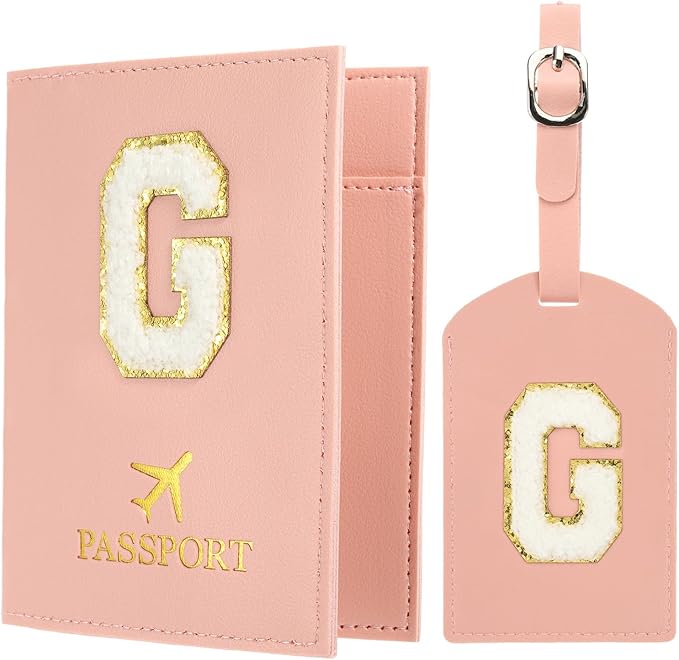 PATIKIL Passport Holder for Travel, Initial Passport Cover and Luggage Tag Set with Alphabet Chenille Letter Patch Travel Wallet Bag Suitcase Identifier for Women Family Travel Pink G