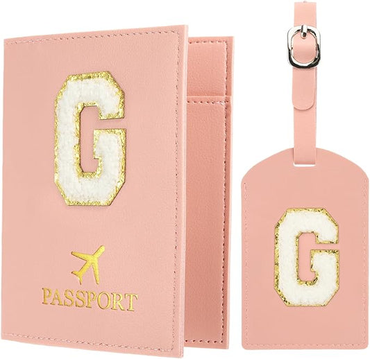 PATIKIL Passport Holder for Travel, Initial Passport Cover and Luggage Tag Set with Alphabet Chenille Letter Patch Travel Wallet Bag Suitcase Identifier for Women Family Travel Pink G