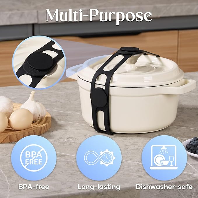 Silicone Latch Strap for Slow Cooker Lid, Pot & Food Storage - 2-Pack Black, Reusable Universal Lid Lock & Adjustable Silicone Straps for Cooking