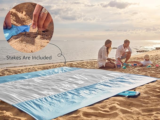 WEKAPO Beach Blanket Sandproof Waterproof, Extra Large Beach Mat, Oversized & Compact Sand Free, Quick Drying Beach Essentials for Vacation, Cruise, Picnic & Camping with Stakes