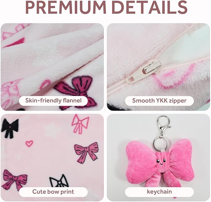 3-in-1 Kids Travel Blanket and Pillow Set, 40x60 Inch Pink Bow Blanket for Girls,Compact Set with Bow Keychain, Ideal Birthday Travel Essential