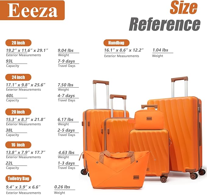 Luggage Sets 6 Piece Suitcases with Wheels,ABS Hard Case Suitcases with Spinner Wheels,Durable Travel Luggage(Orange, 6 Piece Set(16"/20"/24"/28))