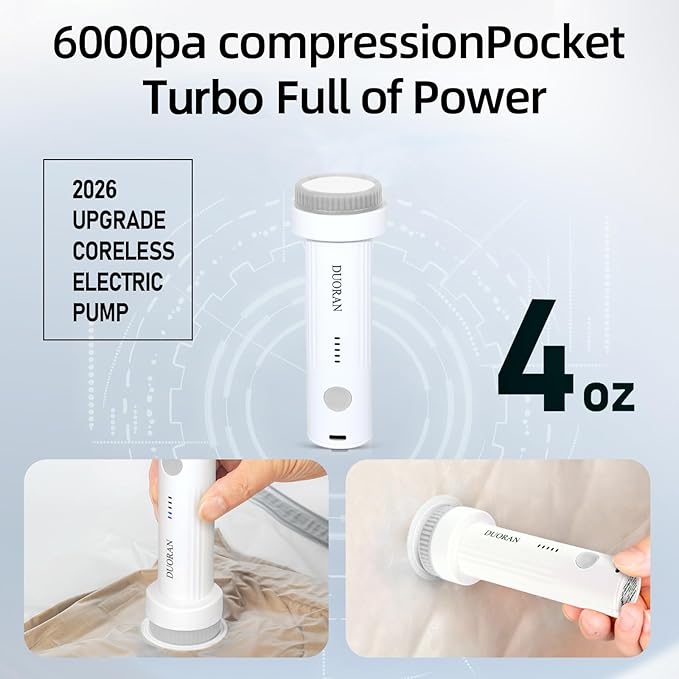 Cordless Electric Vacuum Pump for Vacuum Storage Bags Travel Air Pump, Portable USB Rechargeable Seal & Compression Bag Pump for Clothes, Blankets & Bedding (Grey)