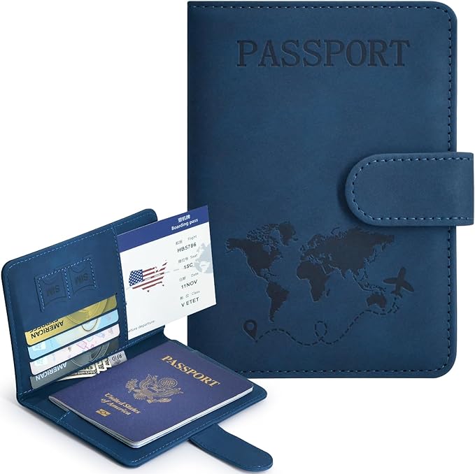 Passport Holder, Passport Cover with Credit Card Slot and Boarding Pass Slot Combo, Passport Wallet Case Book Travel Must Have, RFID Blocking Leather Travel Accessories, Dark Blue