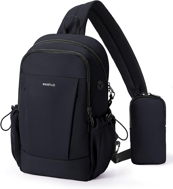 ECOHUB Anti-Theft Crossbody Bag Men Women, RFID Blocking Lightweight Sling Backpack Eco-Friendly with 9 Pockets Sturdy SBS Zippers Water Resistant for Travel Work Hiking Outdoor, Black