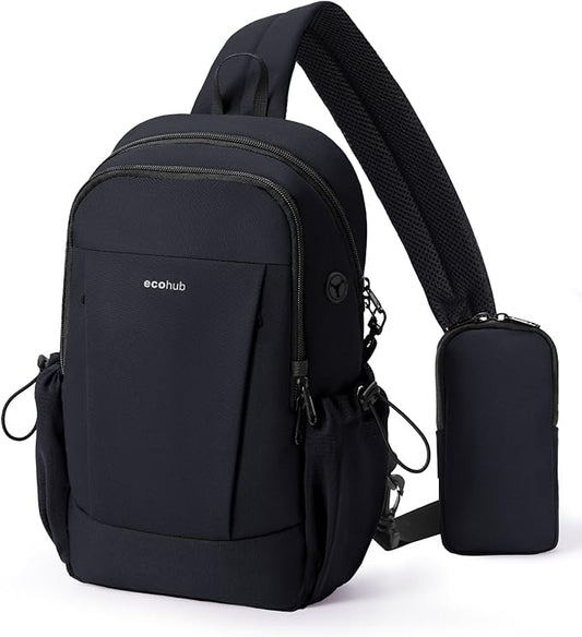 ECOHUB Anti-Theft Crossbody Bag Men Women, RFID Blocking Lightweight Sling Backpack Eco-Friendly with 9 Pockets Sturdy SBS Zippers Water Resistant for Travel Work Hiking Outdoor, Black