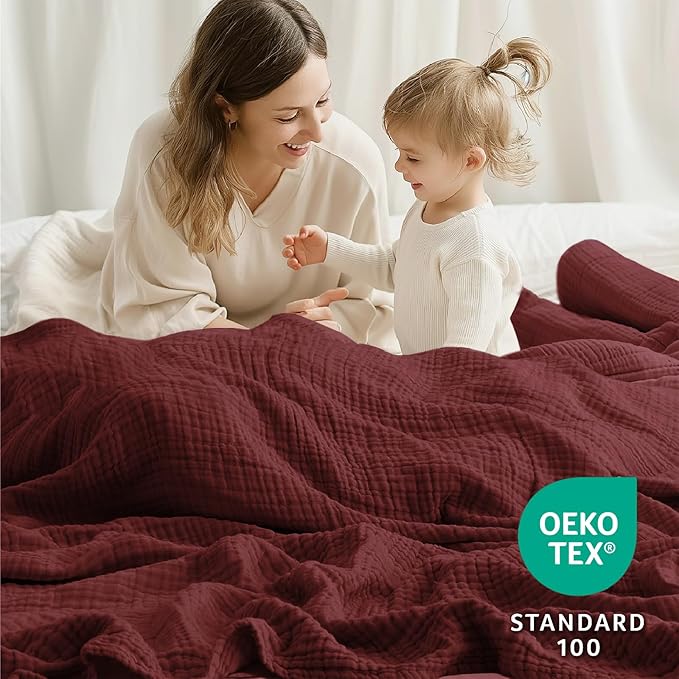 100% Cotton Muslin Blanket Twin 66" x 90", 6 Layers Breathable and Lightweight Cotton Blankets for Couch, Soft Cooling Summer Gauze Blanket for Adults All Season, Burgundy