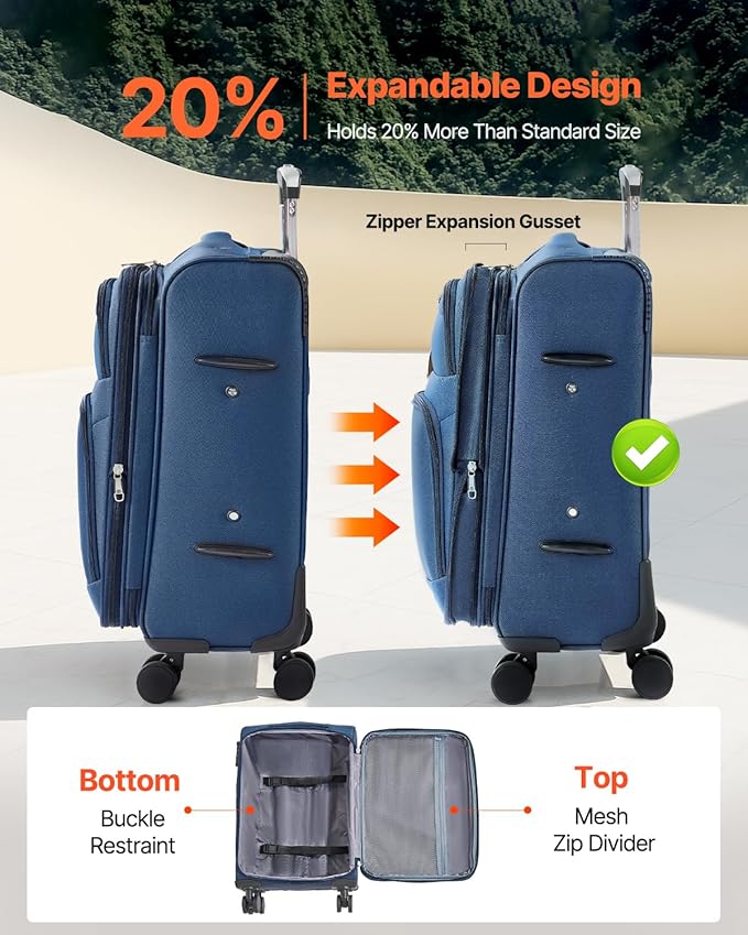 VEVOR Softside Expandable Luggage with Spinner Wheels, 20-Inch Softside Carry on Luggage, Lightweight Checked Suitcase with Expandable Zippered Pocket and TSA Lock, Blue