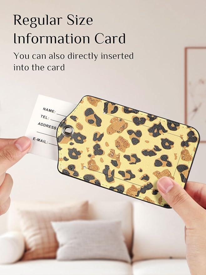 Seorsok 2 PCS Luggage Travel Tags for Suitcases,Cute Black Leopard PU Leather Name Tag with Privacy Cover&ID Label Address Card and Durable Metal Ring Suitable for Men Women Handbags Backpack,Golden
