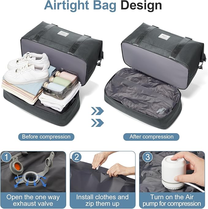 Weekender Bags for Women,Vacuum Overnight Travel Duffel Bag with Compression Pocket & Air Pump, Personal Item Travel Bag