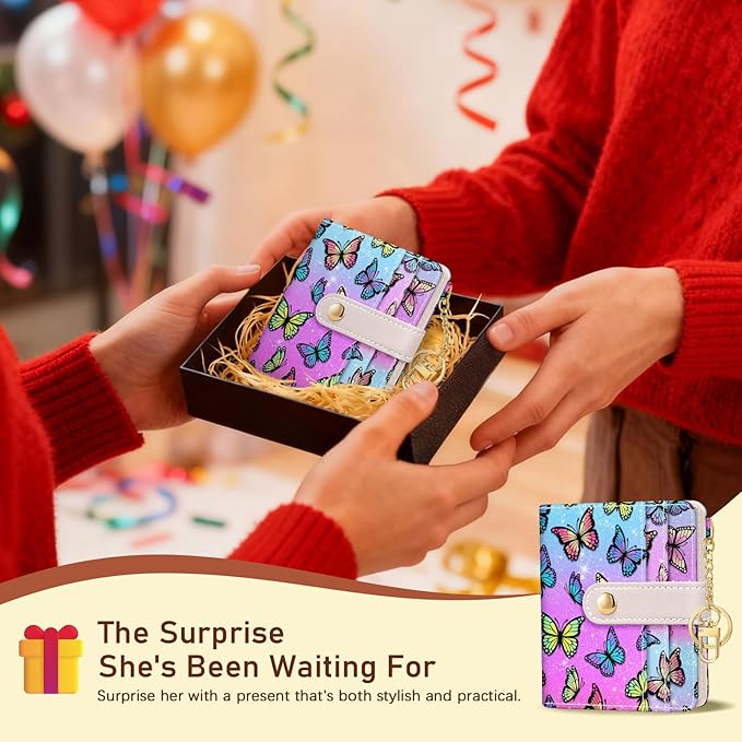 Jogjam Butterfly Rfid Women Wallet, Small Slim Thin Credit Card Wallet, PU Leather Bifold Cash Zipper Coin Pocket ID Window for Female Ladies Teen Girls Girly