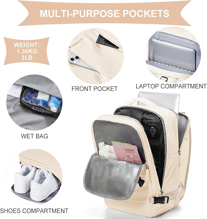 coowoz Vacuum Backpack Travel with Pump,Travel Backpack with Vacuum System For Women Men,Carry On Backpack,Hiking Backpack Waterproof Outdoor Sports Rucksack Casual Daypack,30L(Vacuum pump),Beige