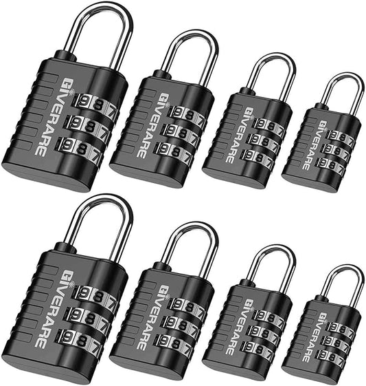 GIVERARE 8 Pack Combination Lock, 3-Digit Padlock Keyless, Resettable Luggage Locks for Backpack, Gym & School & Employee Locker, Weatherproof Travel Lock for Fence, Backyard Gate, Hasp, Case-Black