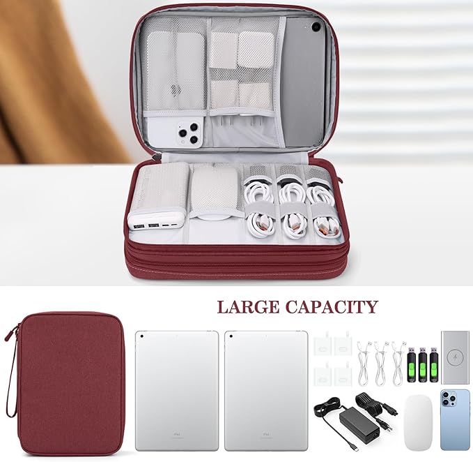 FYY Electronic Organizer, Extra Large Travel Cable Organizer Bag Pouch Portable Waterproof Double Layers All-in-One Storage Bag for iPad, Cable, Power Bank, Laptop Charger for Office/Home, Wine Red