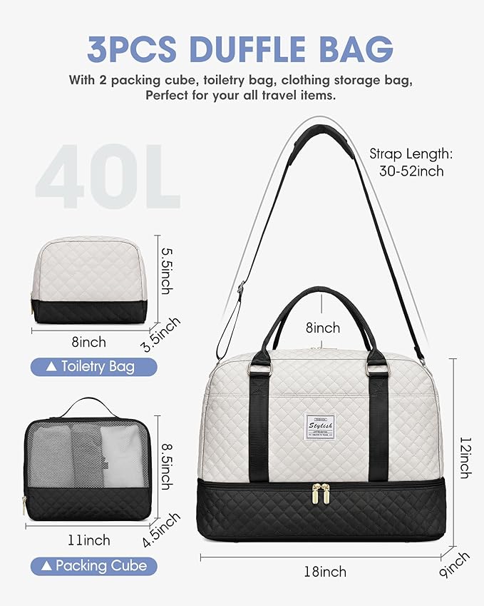 Weekender Travel Duffle Bag for Women: Overnight Bags with Shoe Compartment Carry on duffel Bag for Airplanes with 2 PCS Toiletry Weekend Yoga Gym Hospital Bag with Wet Pocket Black Beige