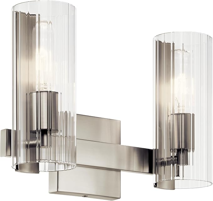 Kichler Jemsa 2-Light Bathroom Vanity Light, Brushed Nickel | Modern vanity light with clear fluted glass for bathrooms and powder rooms (13.75" x 9.75"), 55167NI