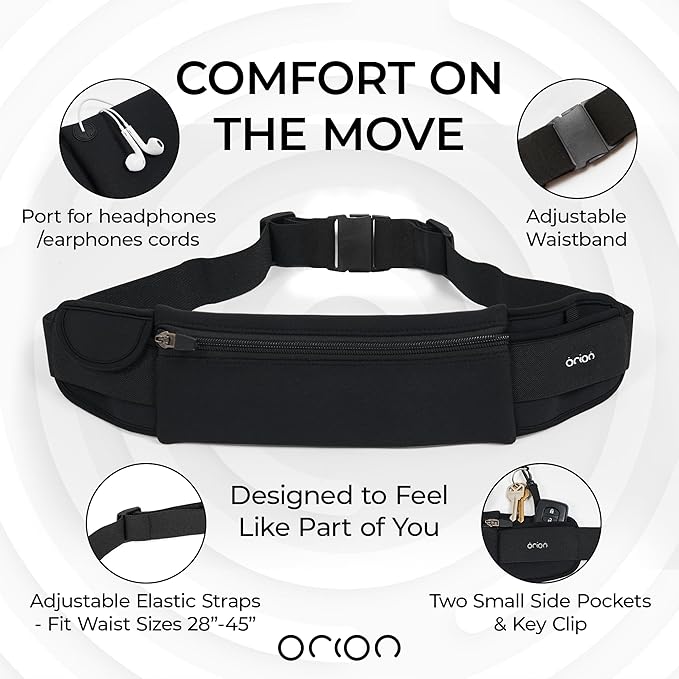 The Belt of Orion Slim Running Belt for Men & Women – No-Bounce Waist Pack with 3 Zippered Pockets, Adjustable Phone & Money Belt for Running, Workouts, Hiking (9” × 3.5”)