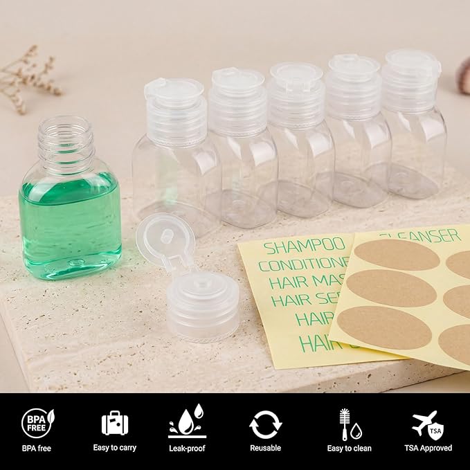 Travel Bottles for Toiletries 6 Pack 2oz/60ml Leak Proof Travel Size Toiletries TSA Approved Squeeze Bottles with Flip Cap Wide Mouth Containers for Shampoo Conditioner Body Wash(Clear)