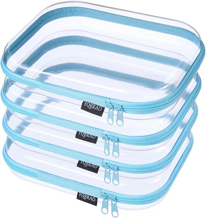 YQBRA 4 Pack Clear Hard Shell Zipper Case, See-Through Hard Plastic Organizer Pouches with Zipper for Travel, Toiletries, Makeup, Toy, Electronics & Pencils - Crush-Resistant Storage (M Blue)