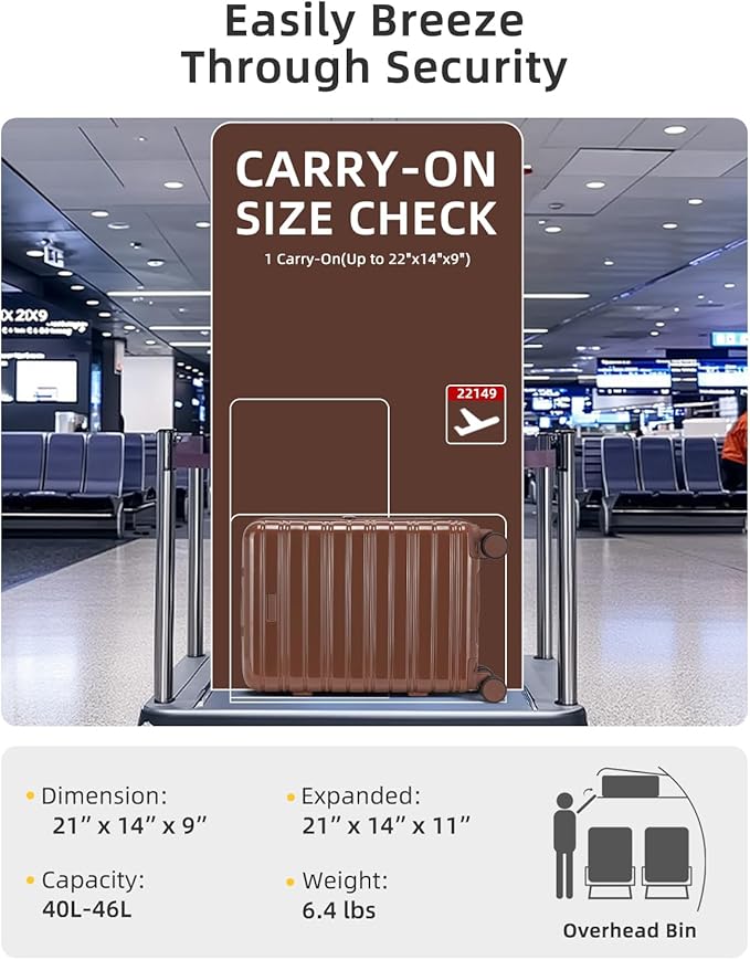 LARVENDER Carry On Luggage 22x14x9 Airline Approved, 20 Inch Expandable PC+ABS Hardside Suitcase Carry On Luggage with Spinner Wheels TSA Lock for Women Men (Mocha)