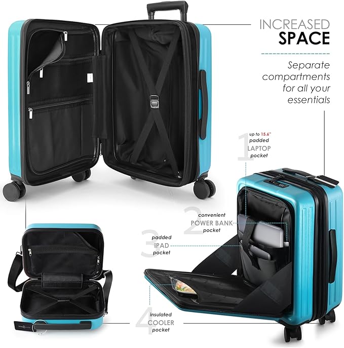 20 Inch Carry On Luggage 22x14x9 Airline Approved, Carry On Suitcase with Wheels, Hard-shell Carry-on Luggage, Durable Luggage Carry-On, Teal Small Suitcase with Cosmetic Case