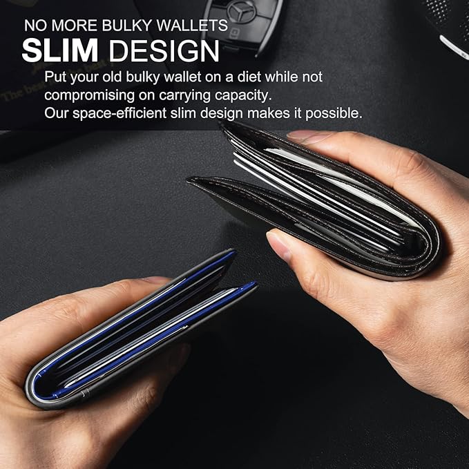 GSOIAX Slim Wallet for Men Rfid Blocking Leather Bifold Front Pocket Carbon Fiber Credit Card Holder Novelty Wallets With Gift Box (Blue and Carbon Black)