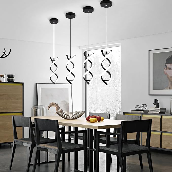 CANEOE Spiral Led Pendant Light Fixture,15W 6000K Modern Integrated LED Hanging Lamp, Adjustable Height Black Kitchen Island Light Fixture for Dining Room Bedroom Kitchen Sink, 1 Pack (Black)