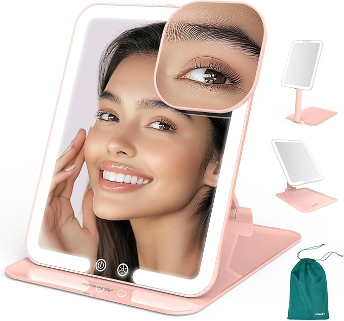Mocado Travel Makeup Mirror with Light - 7x5 Inches Tripple Folding Travel Mirror with Light, 3 Colors Lighted Makeup Mirror, Portable Makeup Mirror, Freely Adjust Height and Angle(Pink)