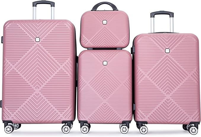 Luggage 4 Piece Set, Hardshell ABS Suitcase Set with Double Spinner Wheels, Lightweight Durable Large Luggage set, Carry On and Checked Travel Luggage, Pink