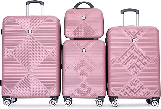 Luggage 4 Piece Set, Hardshell ABS Suitcase Set with Double Spinner Wheels, Lightweight Durable Large Luggage set, Carry On and Checked Travel Luggage, Pink