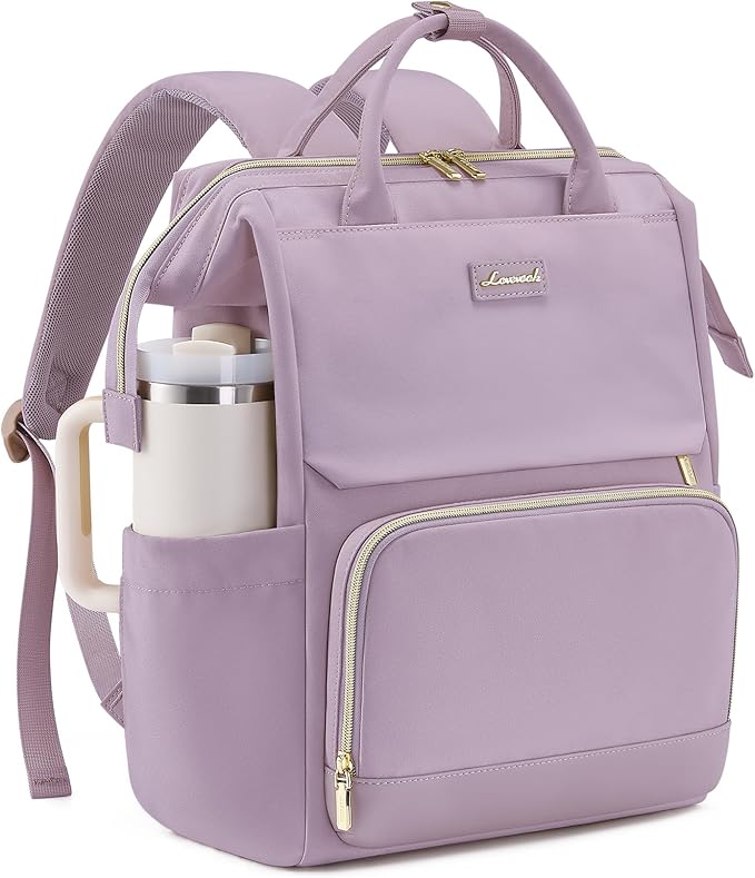 LOVEVOOK Laptop Backpack for Women with Giant Tumbler Holder Pocket, 15.6 inch Travel Work Backpack Purse for Nurse Teacher, Waterproof School Bag College Bookbag Cute Casual Daypack for Girls Purple