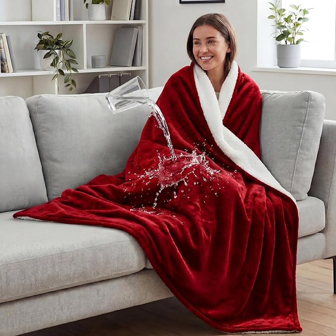 Tisancy Red Waterproof Bed Blanket, Twin Size 50'' x 80'' Double Side Leakproof Reversible Sherpa Flannel Fleece 3 Layer Lightweight Blanket, Absorbs 44oz