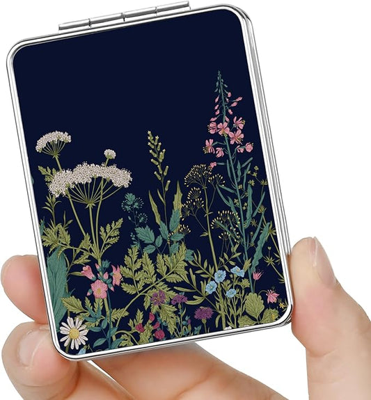 Pocket Mirror, Small Travel Mirror with Magnification, Portable Double-Sided Magnifying Cosmetic Mirror for Daily (Black Flowers)