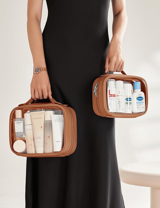 Clear Cosmetic Bag Double Layer Travel Toiletry Bag Clear Makeup Bag Case with 4 Compartments, Transparent Travel Bag for Toiletries, Large Toiletry Bag for Women Cosmetic Case (Brown, Large)