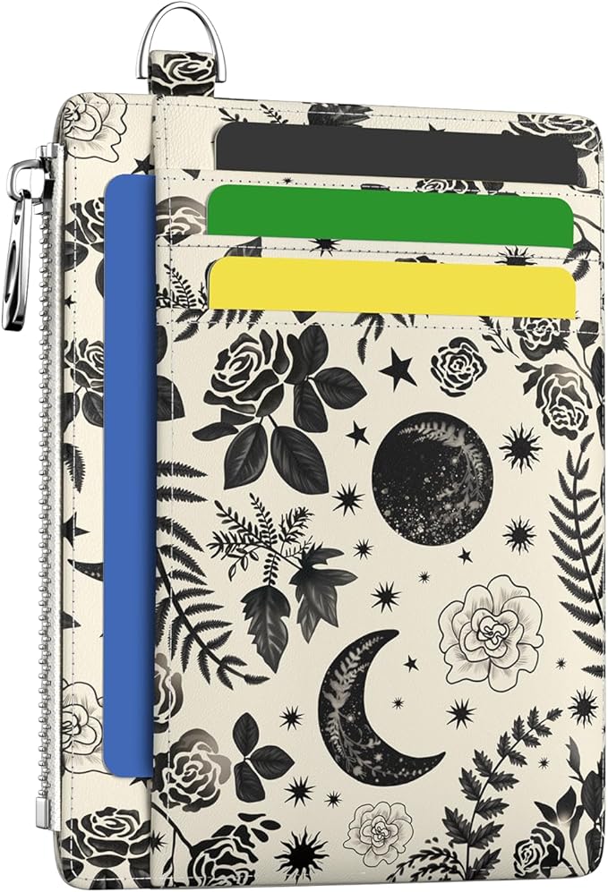 Hancynir Goth Moon Floral Slim Wallet Women Credit Card Holder Gothic Flower RFID Blocking Small Cute Card Wallets Mini Front Pocket PU Leather Thin Travel Zipper Coin Cash Ladies Female Wallet Gifts