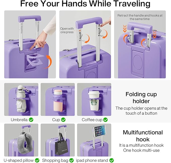 mixi Large Checked Luggage with Cup Phone Holder and Charger Hard Shell Suitcases with Spinner Wheels, 26 Inch Lilac Purple