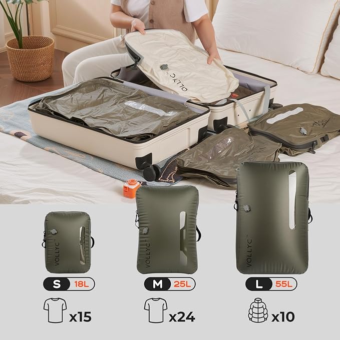 25L Vacuum Travel Bags with Wireless Pump, Compression Packing Bags for Luggage & Carry-On, Waterproof Anti-Tear Nylon, TSA-Ready Travel Vacuum Kit, Vacuum Seal Bags for Clothing Travel