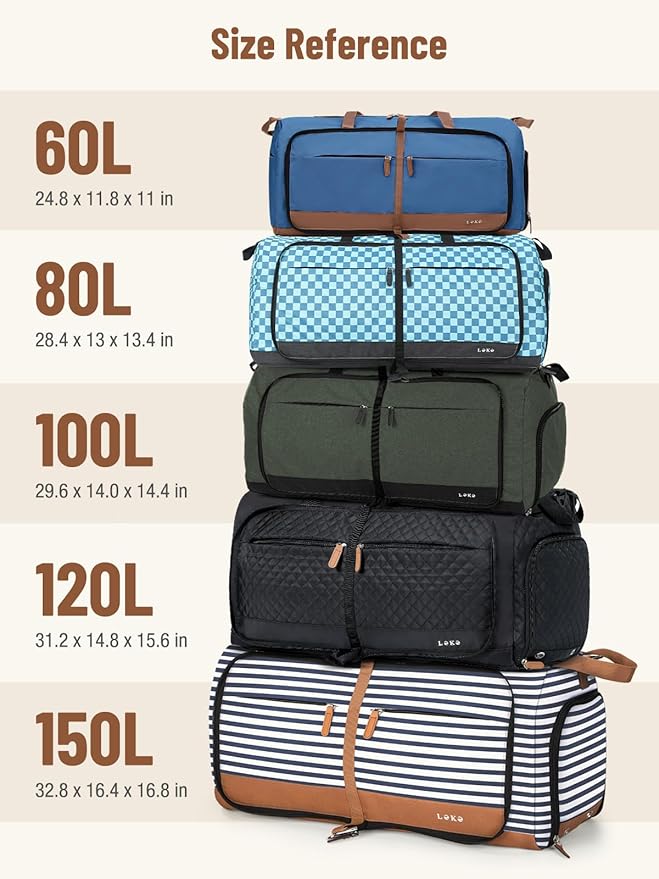 Lekesky Foldable Travel Duffle Bag for Women, Large Duffel Bag with Separate Shoes Compartments & Straps, Carry On Weekend Bag for Women, Hospital, Overnight (Green Gingham, 80L)