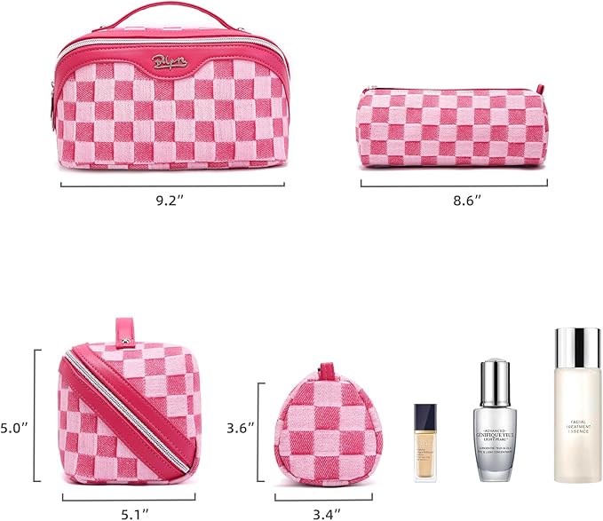 BOYATU Travel Makeup Bag for Women: Large Cosmetic Bag Set of 3 - PU Leather Make up Bag with Compartments - Compact Waterproof Toiletry Bag with Divider & Handle (D-4-Red)
