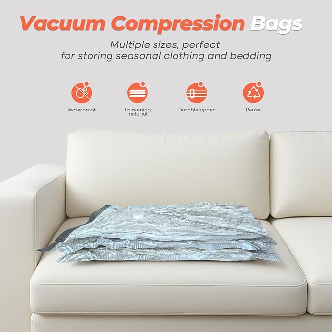 Travel Vacuum Seal Bags, 8 Pack 34" Vacuum Storage Bags with Rechargeable Cordless Pump Compression Packing for Clothing Clothes Blanket Bedding, Space Saver for Suitcase Luggage