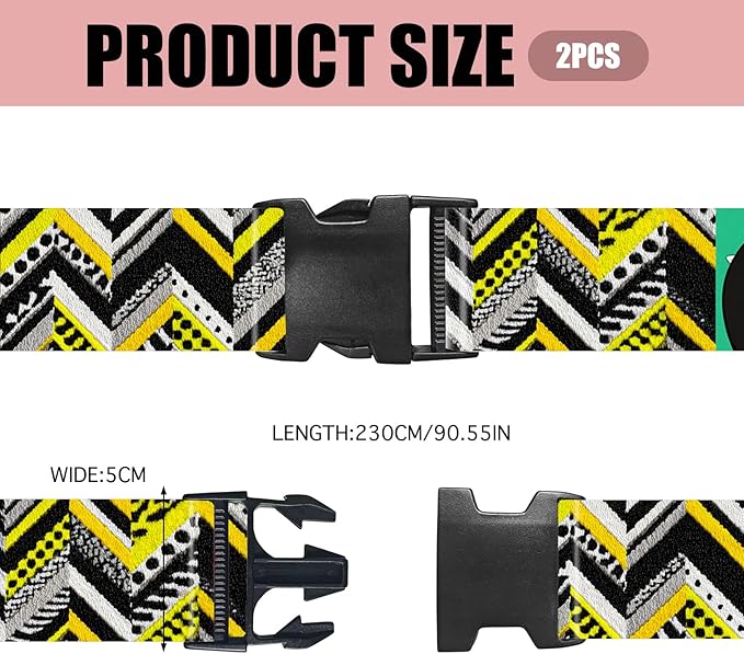 Nuxovilar Luggage Straps Yellow Black Chevron & Leopard Polyester 1.96x90.5inch 2 Set Suitcase Cargo Strap Travel Essential Business Trip Train Station Weekend Getaway
