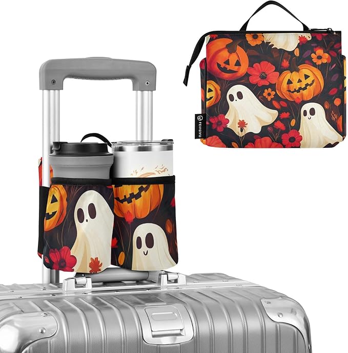 Halloween Ghost Pumpkin and Poppy Luggage Cup Holder Travel Portable Free Hand Drink Carrier Suitcase Drinks Beverage Holder Carry-On Bottle Mug Holder Organizer Bag Travelers Accessories