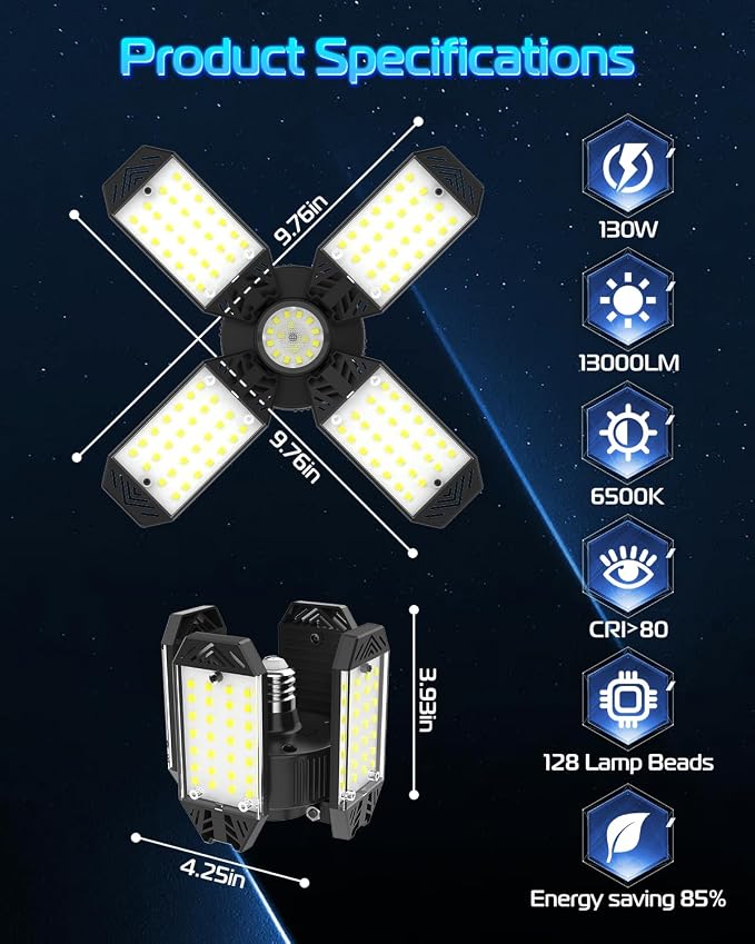 LED Garage Light - 4 Pack 130W 13000LM Deformable 4+1 Panel LED Garage Ceiling Lights with Transformer, E26/27 Base, 6500K Daylight White Shop Lights for Factory, Storage Room, Warehouse