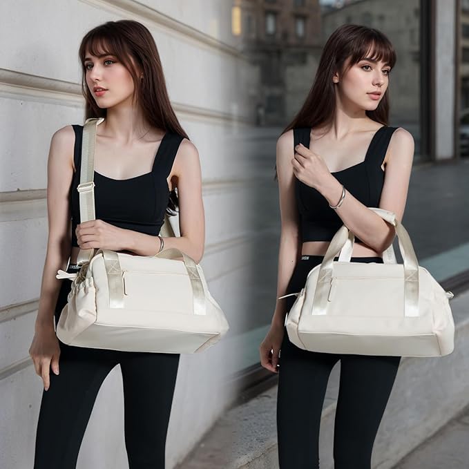 Small Gym Bag for Women, Mini Crossbody Gym Duffle Bag with Wet Compartment, Carry on Gym Tote Bag for Workout Dance Sport Travel (Medium-Beige)