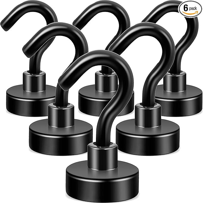 Neosmuk Black Magnetic Hooks, 30lb+ Heavy Duty Earth Magnets with Hook for Refrigerator, Extra Strong Cruise Hook for Hanging, Magnetic Hanger for Curtain, Grill (Black, Pack of 6)