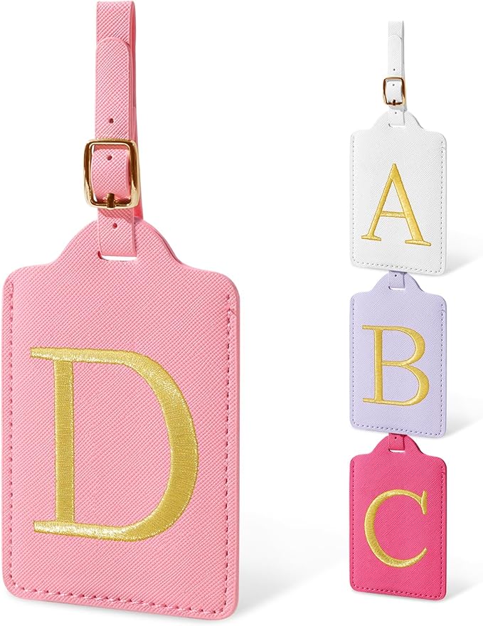 Initial Letter Luggage Tags for Suitcases, Embroidered Monogrammed Suitcase Luggage Identifier Name Tag, PU Leather TSA Approved Luggage Tags, Bag Tags for Men Women Kids Luggage Handbags(Pink D)