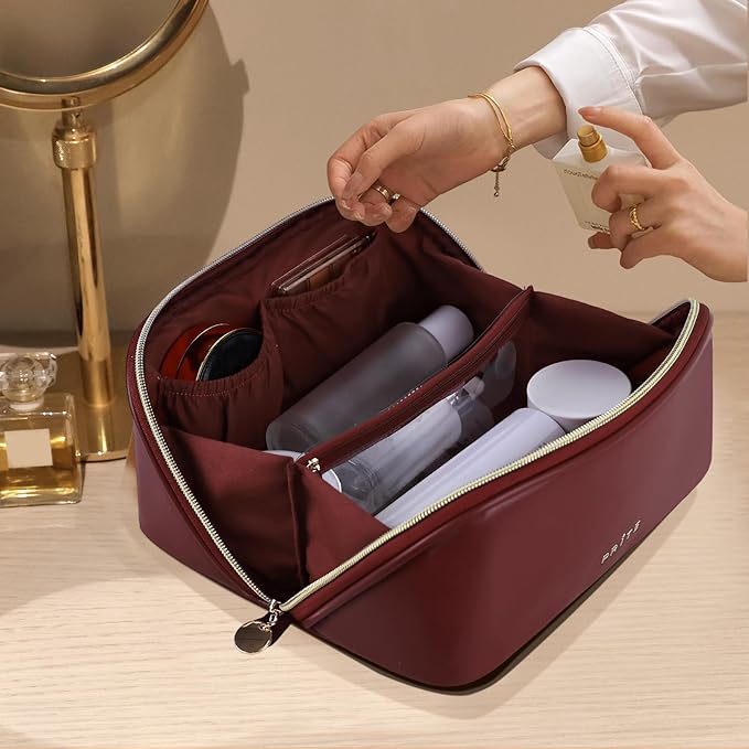 Prite Makeup Bag for Women Travel Waterproof Vegan Leather Cosmetic Bag Open Flat Toiletry Bag With Clear Divider and Handle (Dark Red)