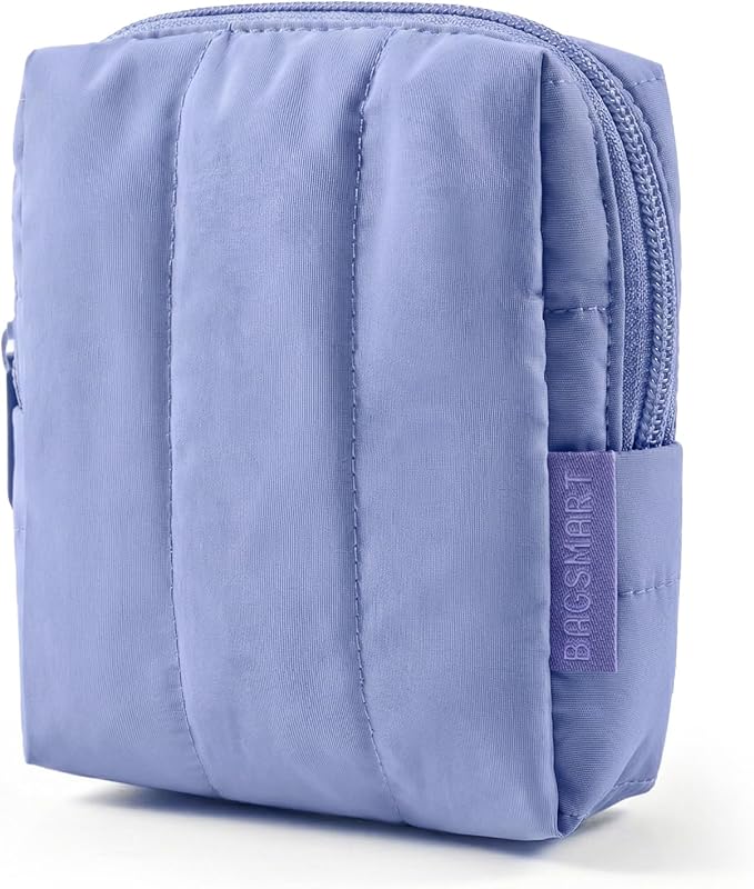 BAGSMART Small Travel Makeup Bag for Purse Toiletry Pouch, Puffy Padded Mini Cosmetics Bag, Cute Make Up Pouch for Women with Slip-in Pocket, Travel Essentials for Toiletries, Purple